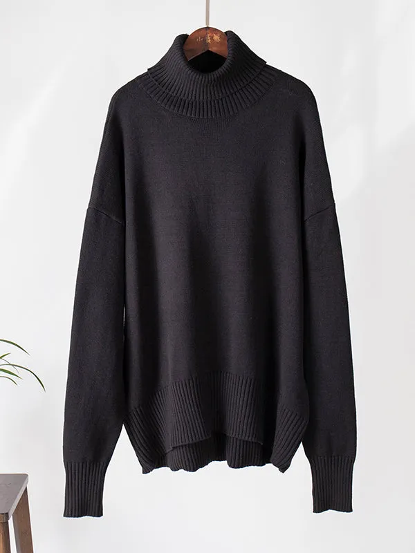 Long Sleeves Loose Solid Color High Neck Knitwear Pullovers Sweater Tops