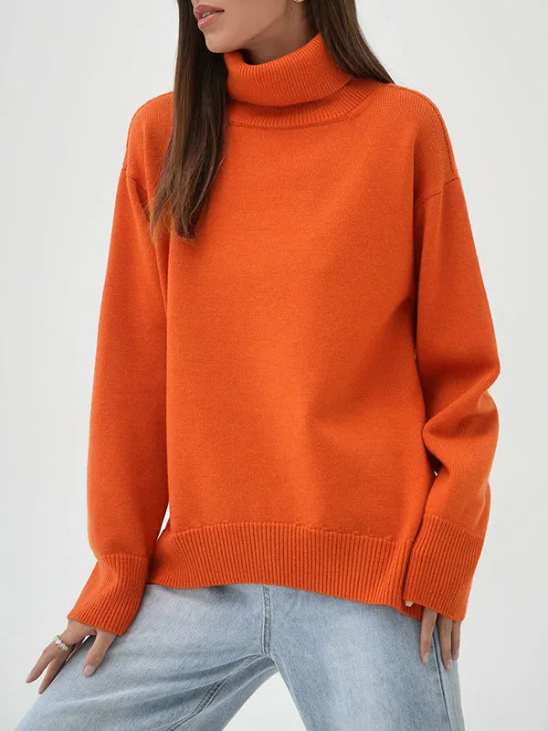 Long Sleeves Loose Solid Color High Neck Knitwear Pullovers Sweater Tops