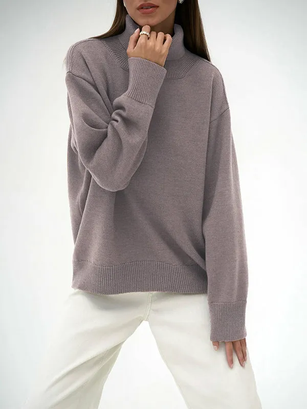 Long Sleeves Loose Solid Color High Neck Knitwear Pullovers Sweater Tops