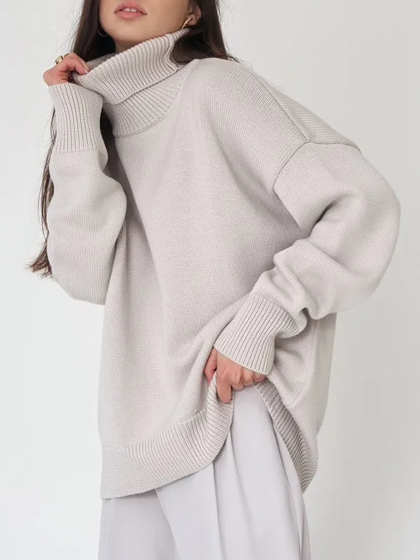 Long Sleeves Loose Solid Color High Neck Knitwear Pullovers Sweater Tops