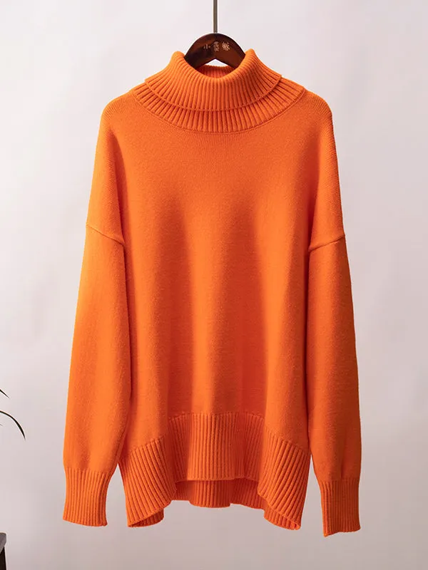 Long Sleeves Loose Solid Color High Neck Knitwear Pullovers Sweater Tops