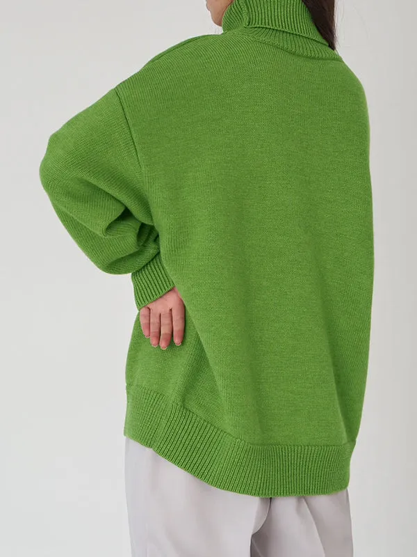 Long Sleeves Loose Solid Color High Neck Knitwear Pullovers Sweater Tops