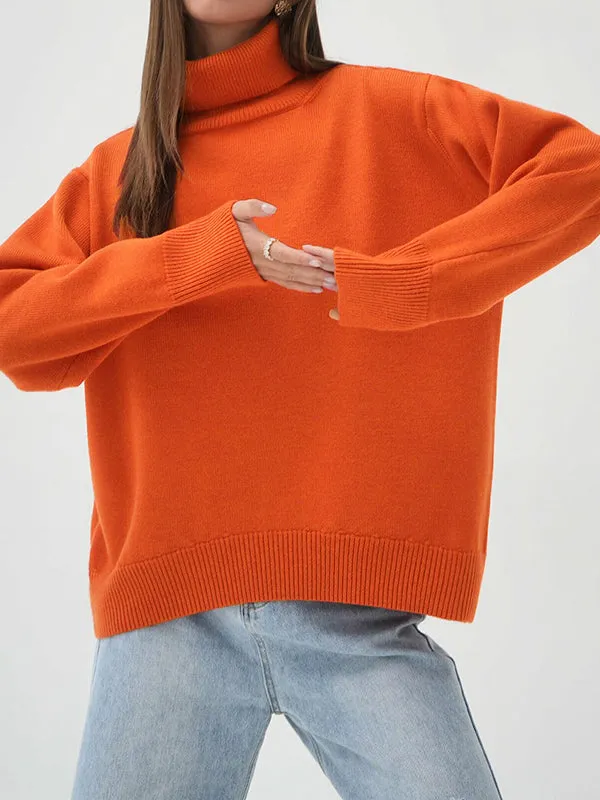 Long Sleeves Loose Solid Color High Neck Knitwear Pullovers Sweater Tops