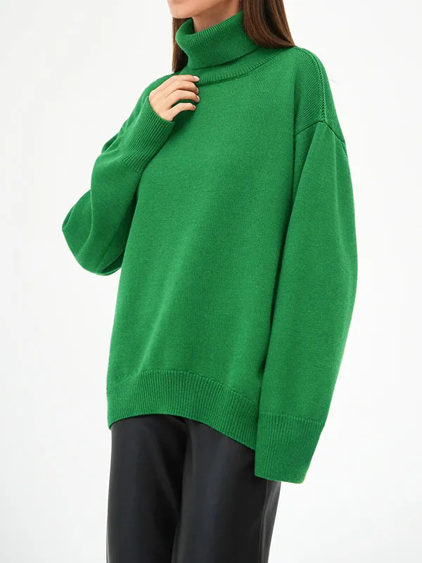 Long Sleeves Loose Solid Color High Neck Knitwear Pullovers Sweater Tops