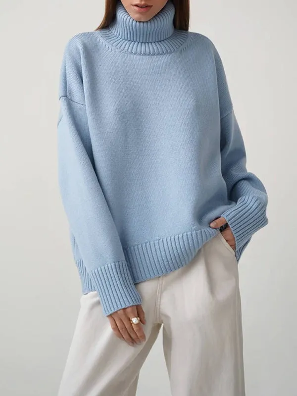 Long Sleeves Loose Solid Color High Neck Knitwear Pullovers Sweater Tops