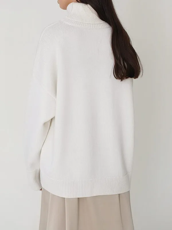 Long Sleeves Loose Solid Color High Neck Knitwear Pullovers Sweater Tops