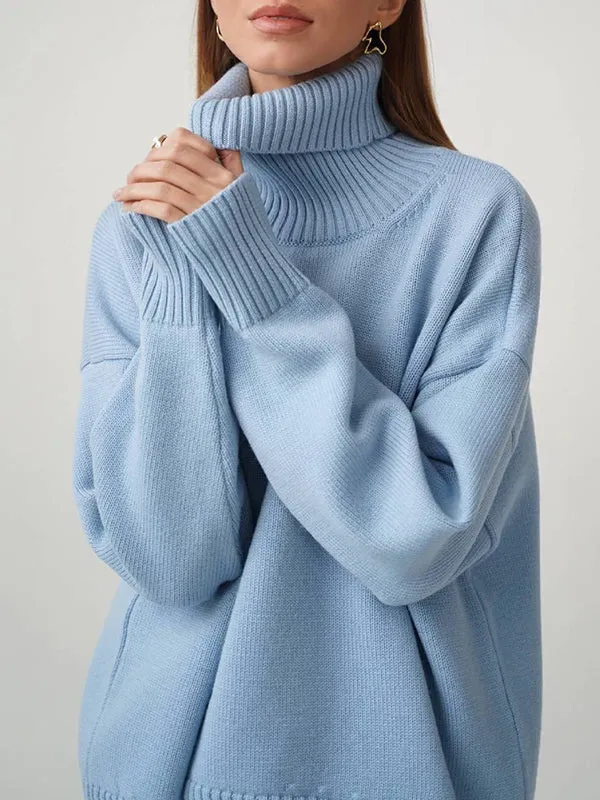 Long Sleeves Loose Solid Color High Neck Knitwear Pullovers Sweater Tops