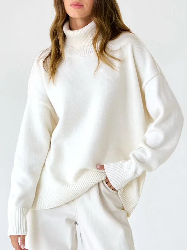 Long Sleeves Loose Solid Color High Neck Knitwear Pullovers Sweater Tops