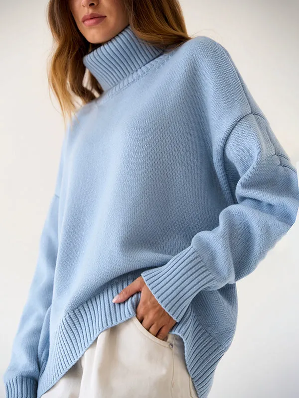 Long Sleeves Loose Solid Color High Neck Knitwear Pullovers Sweater Tops