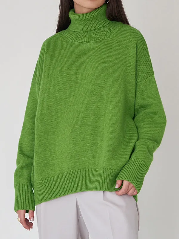 Long Sleeves Loose Solid Color High Neck Knitwear Pullovers Sweater Tops