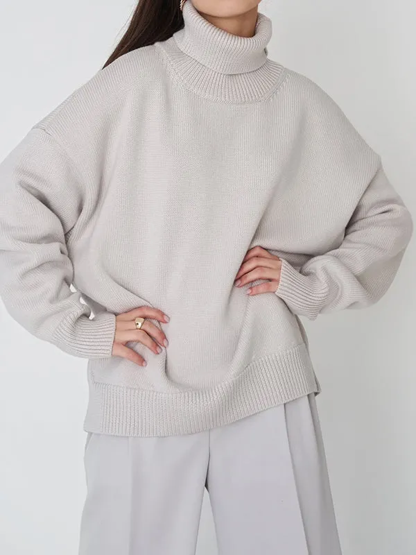 Long Sleeves Loose Solid Color High Neck Knitwear Pullovers Sweater Tops