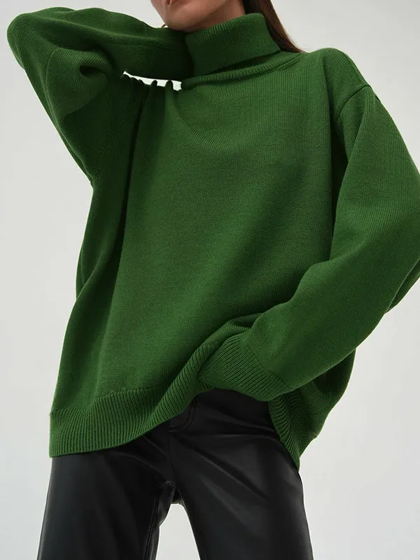 Long Sleeves Loose Solid Color High Neck Knitwear Pullovers Sweater Tops