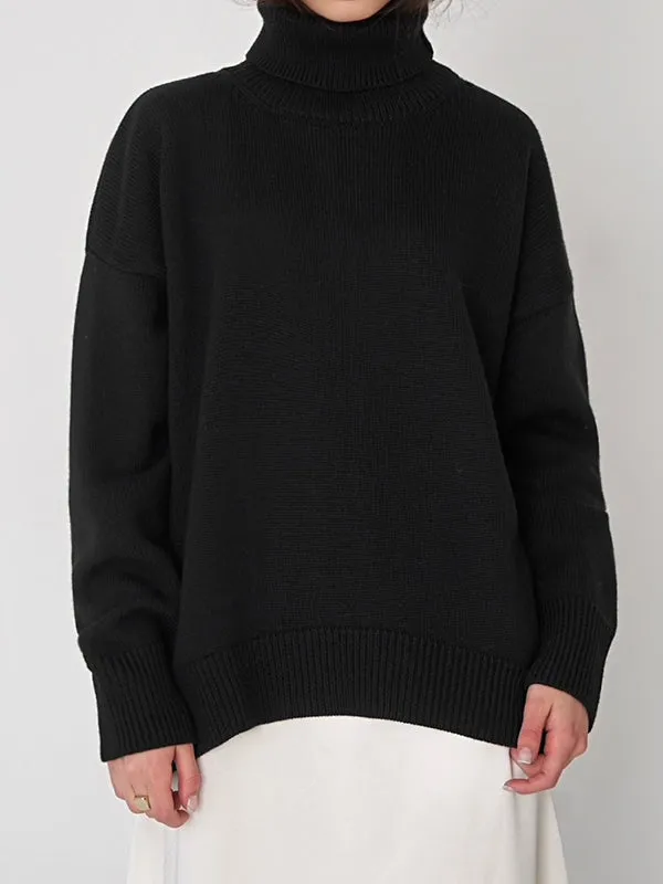 Long Sleeves Loose Solid Color High Neck Knitwear Pullovers Sweater Tops