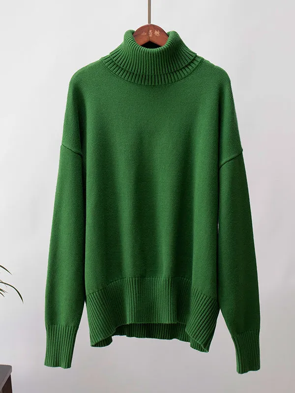 Long Sleeves Loose Solid Color High Neck Knitwear Pullovers Sweater Tops