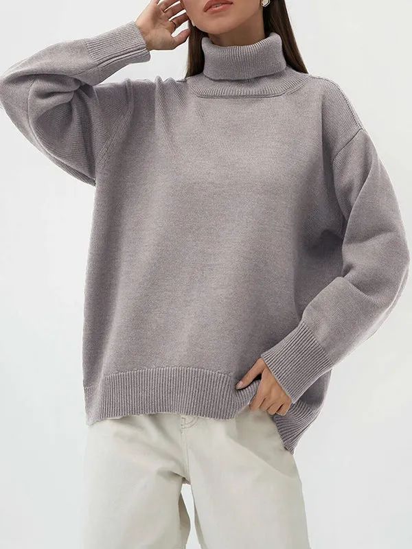 Long Sleeves Loose Solid Color High Neck Knitwear Pullovers Sweater Tops