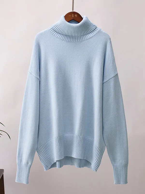 Long Sleeves Loose Solid Color High Neck Knitwear Pullovers Sweater Tops