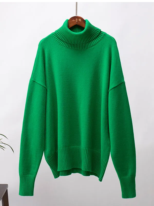 Long Sleeves Loose Solid Color High Neck Knitwear Pullovers Sweater Tops