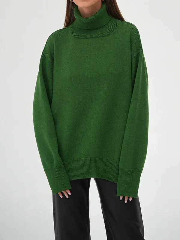 Long Sleeves Loose Solid Color High Neck Knitwear Pullovers Sweater Tops