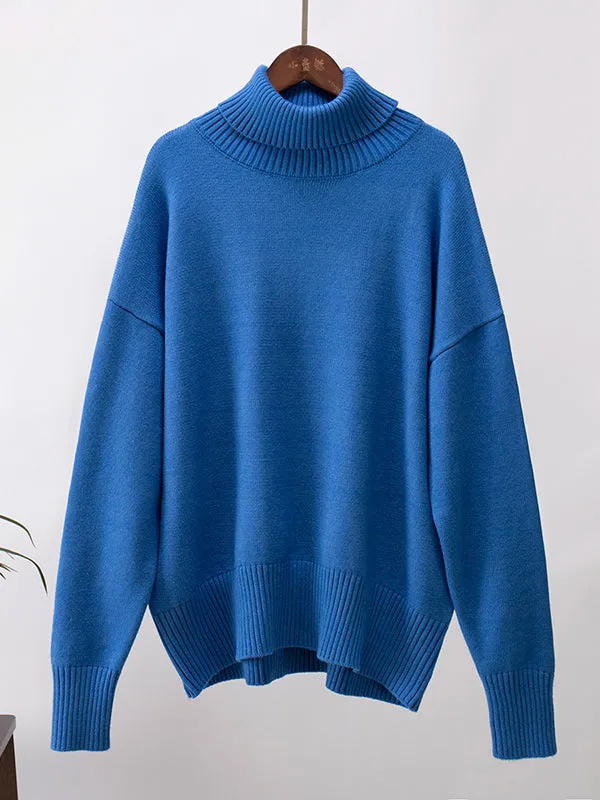 Long Sleeves Loose Solid Color High Neck Knitwear Pullovers Sweater Tops