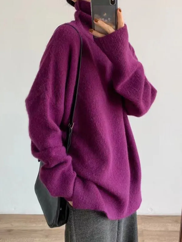 Long Sleeves Loose Solid Color Split-Side High-Neck Knitwear Pullovers Sweater Tops