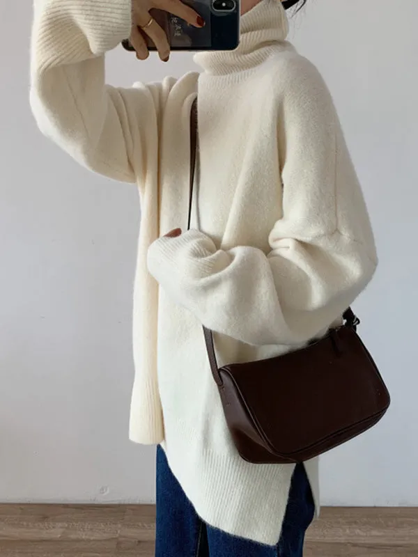 Long Sleeves Loose Solid Color Split-Side High-Neck Knitwear Pullovers Sweater Tops