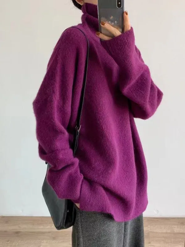 Long Sleeves Loose Solid Color Split-Side High-Neck Knitwear Pullovers Sweater Tops