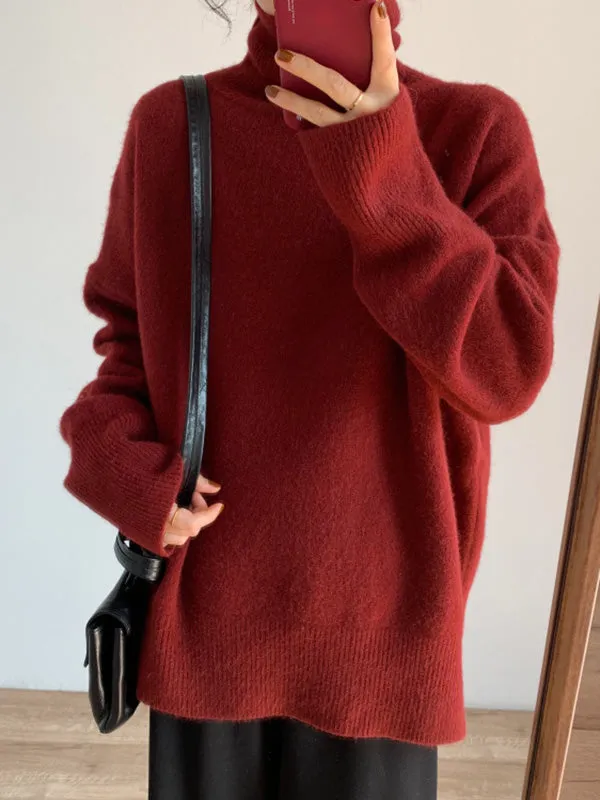 Long Sleeves Loose Solid Color Split-Side High-Neck Knitwear Pullovers Sweater Tops