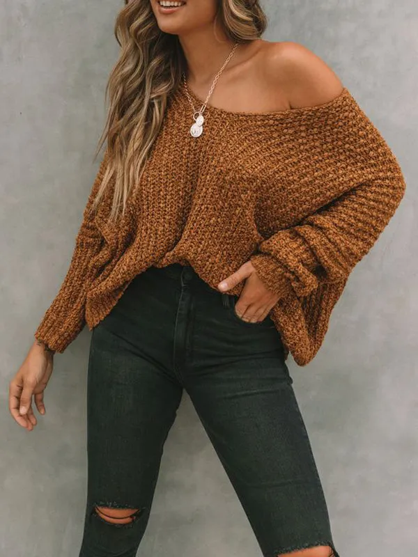 Long Sleeves Loose Solid Color V-Neck Knitwear Pullovers Sweater Tops