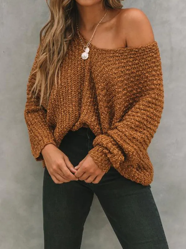 Long Sleeves Loose Solid Color V-Neck Knitwear Pullovers Sweater Tops