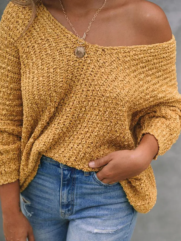 Long Sleeves Loose Solid Color V-Neck Knitwear Pullovers Sweater Tops