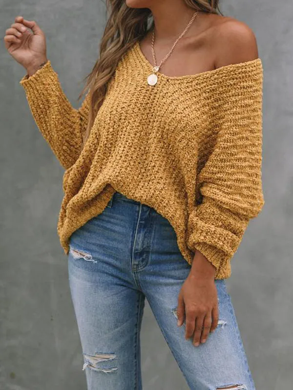 Long Sleeves Loose Solid Color V-Neck Knitwear Pullovers Sweater Tops