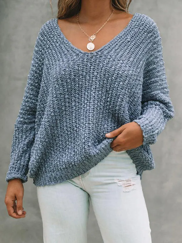 Long Sleeves Loose Solid Color V-Neck Knitwear Pullovers Sweater Tops