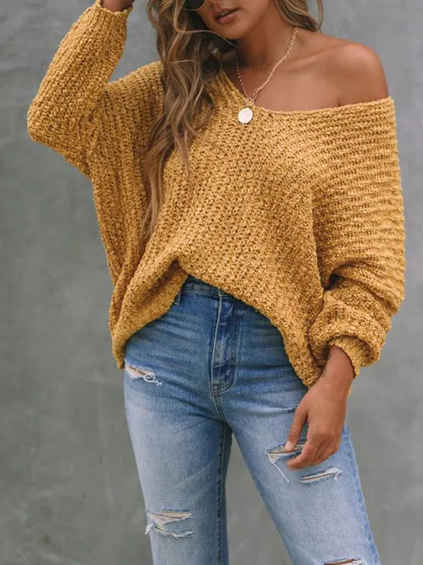 Long Sleeves Loose Solid Color V-Neck Knitwear Pullovers Sweater Tops