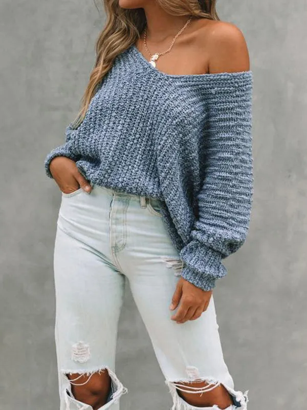 Long Sleeves Loose Solid Color V-Neck Knitwear Pullovers Sweater Tops