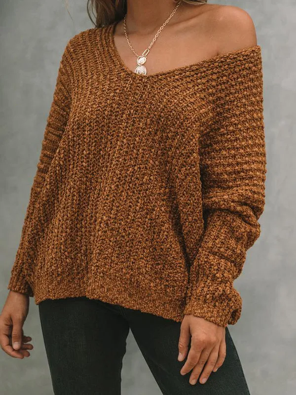 Long Sleeves Loose Solid Color V-Neck Knitwear Pullovers Sweater Tops