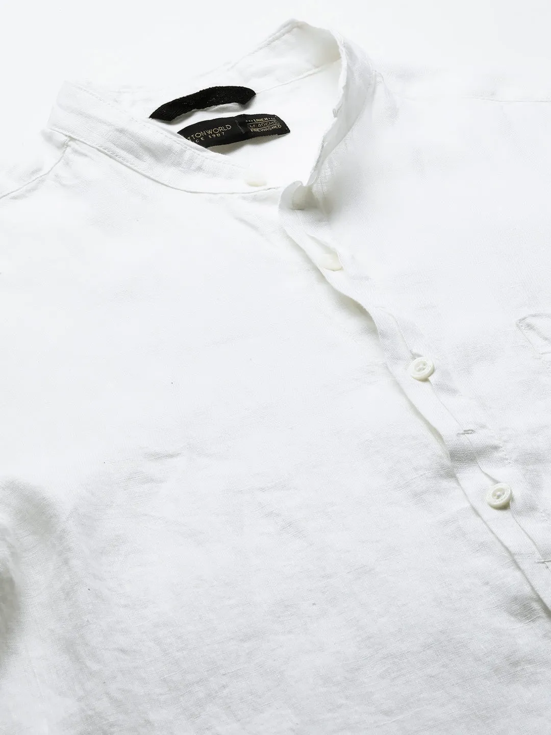 Men's 100% Linen White Band Collared Regular Fit Band Collared Shirt