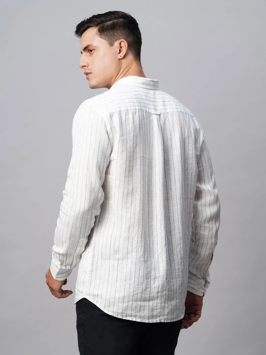 Men's White 100% Linen Regular Fit Long Sleeved Striped Shirt