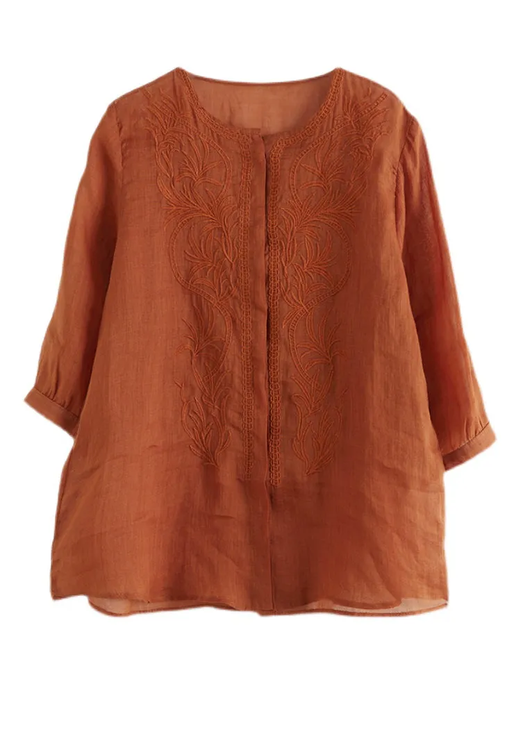 Modern Orange Embroideried Linen Shirts Bracelet Sleeve LY7327