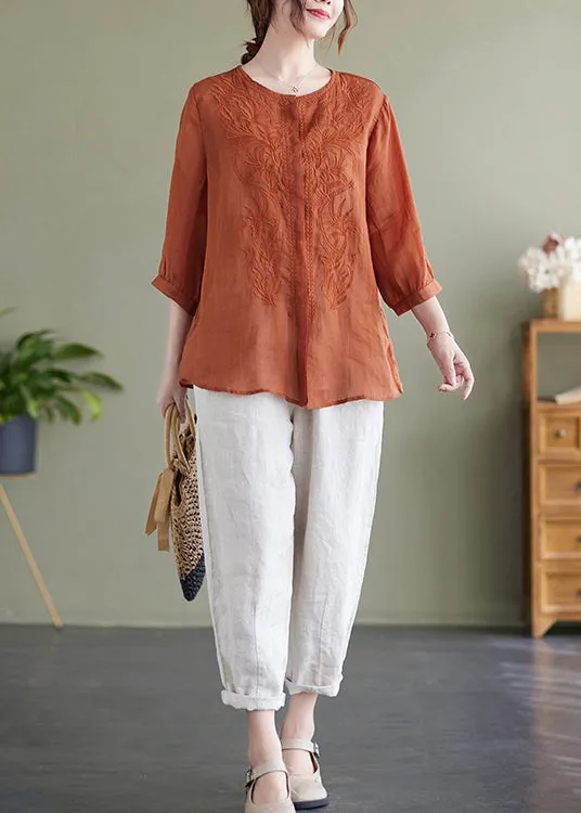 Modern Orange Embroideried Linen Shirts Bracelet Sleeve LY7327