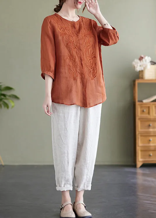 Modern Orange Embroideried Linen Shirts Bracelet Sleeve LY7327