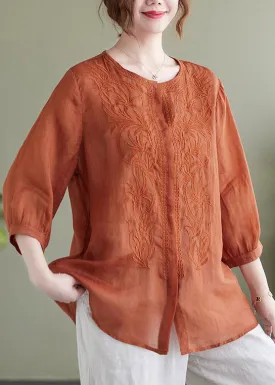 Modern Orange Embroideried Linen Shirts Bracelet Sleeve LY7327