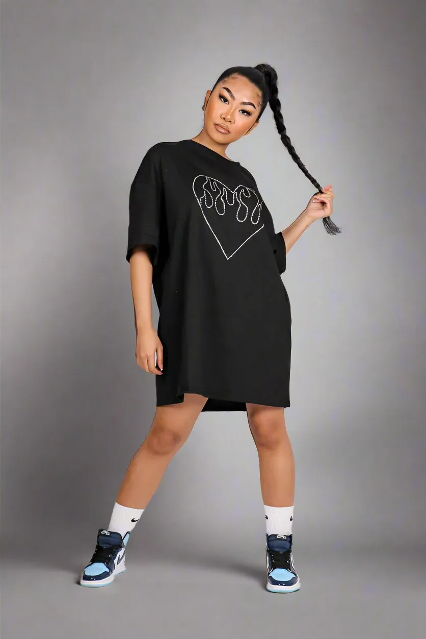 Oversized T-Shirt Dress With Diamanté Heart