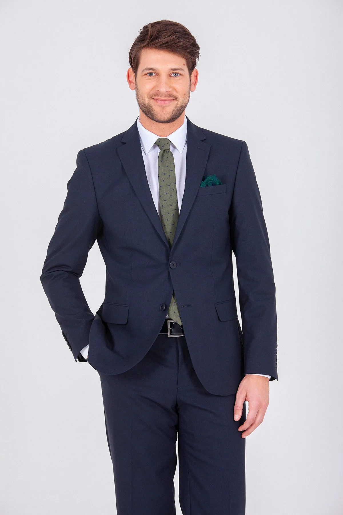 Regular Fit Navy Notch Lapel Wool Blend Classic Suit