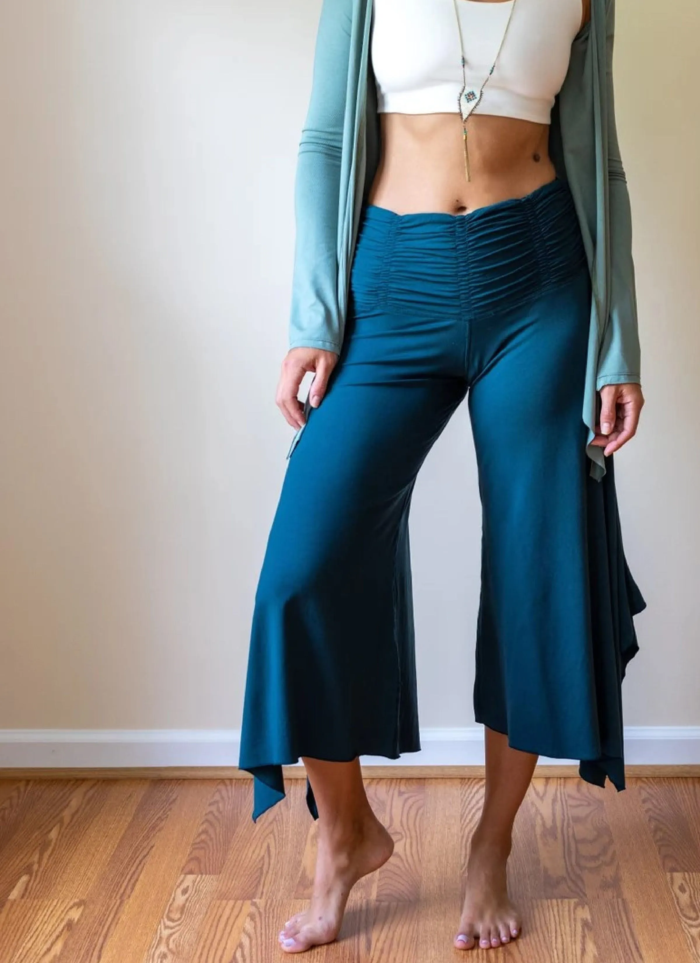 Ruched Waistband Wide Leg Gaucho Pants in Dark Teal