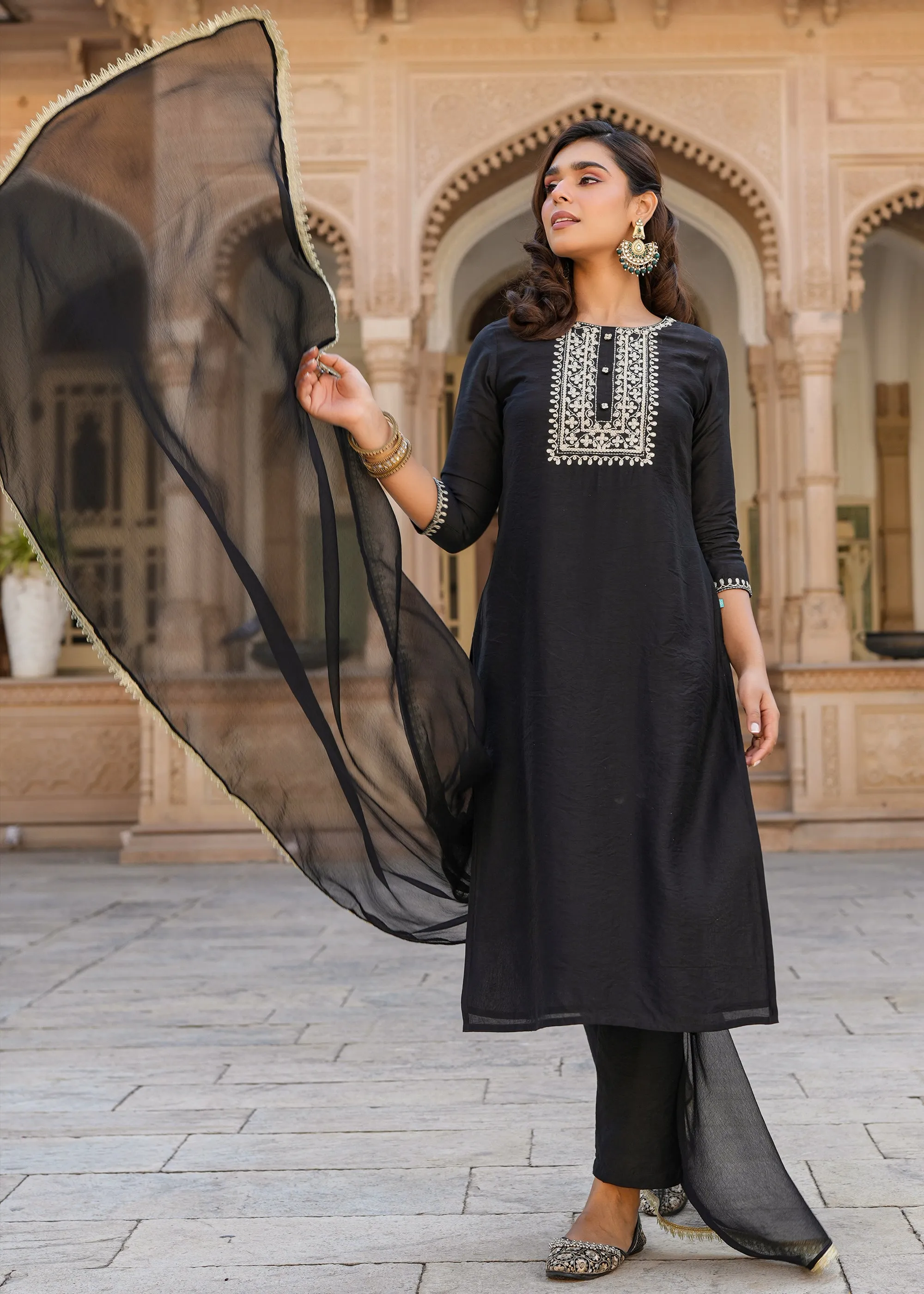 Rutvi Black Embroidered Straight Suit set with Dupatta