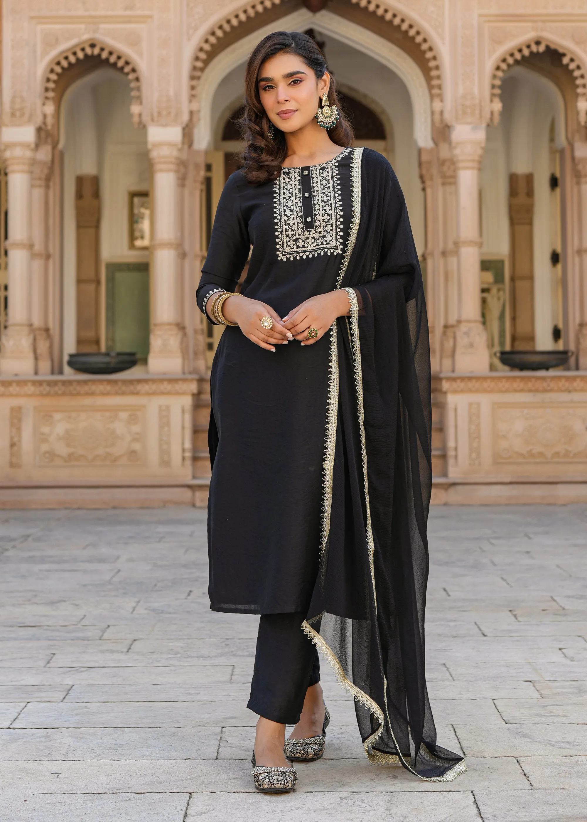 Rutvi Black Embroidered Straight Suit set with Dupatta