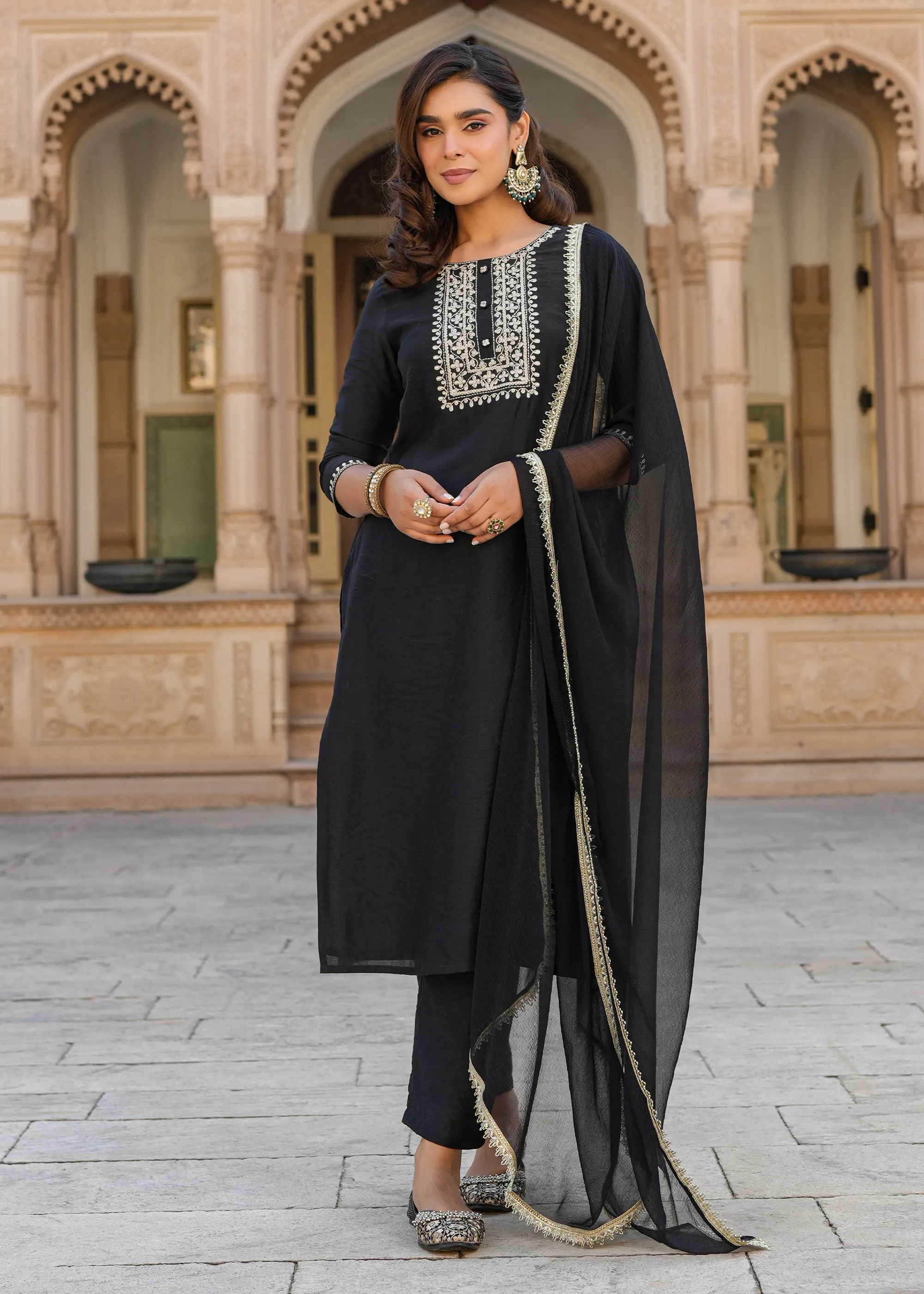 Rutvi Black Embroidered Straight Suit set with Dupatta