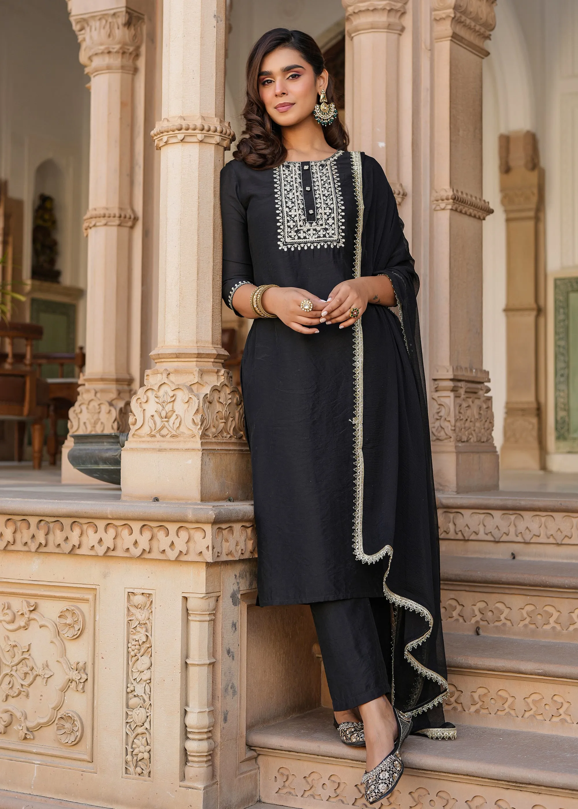 Rutvi Black Embroidered Straight Suit set with Dupatta