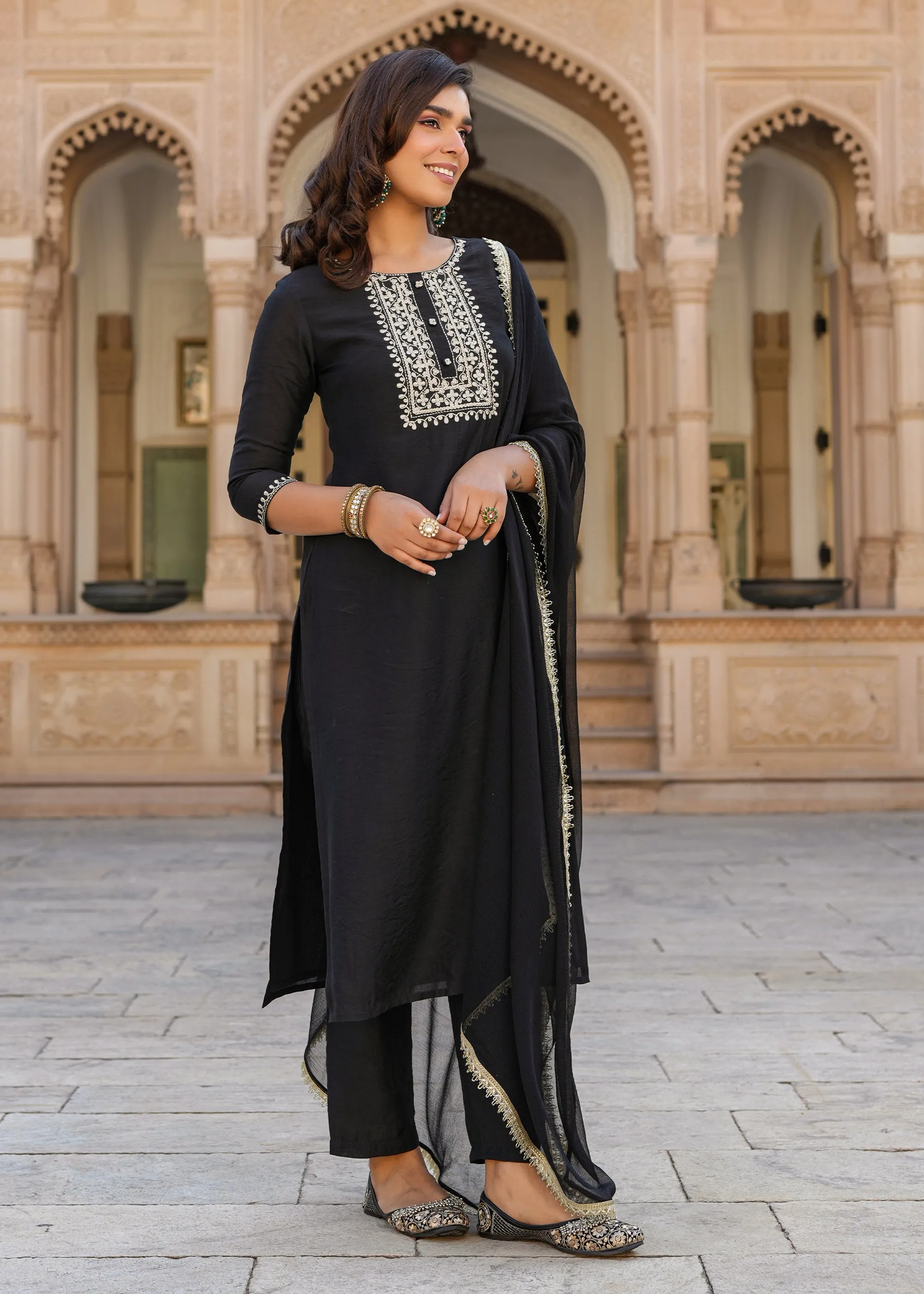 Rutvi Black Embroidered Straight Suit set with Dupatta