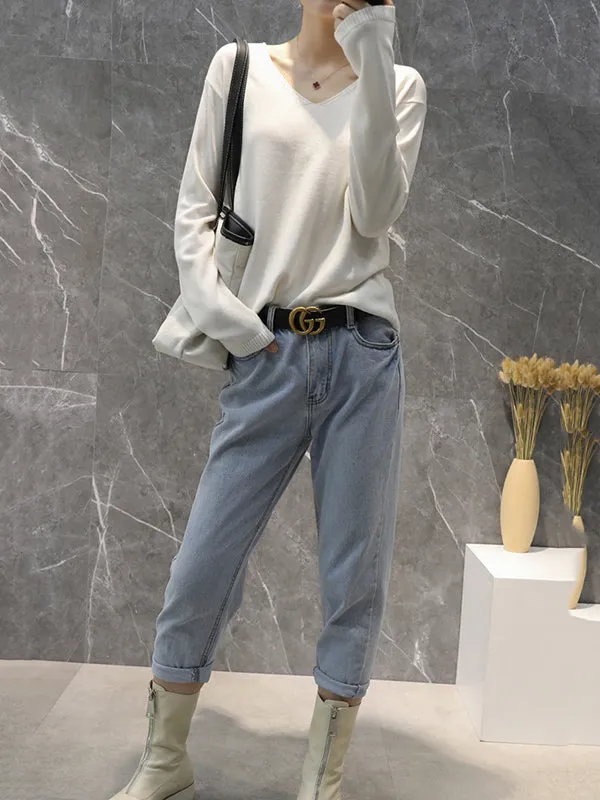 Simple Solid Color V-Neck Long Sleeve Knitwear Tops